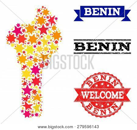 Mosaic Map Of Benin Formed With Colored Flat Stars, And Grunge Textured Stamps, Isolated On An White