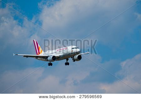 Zurich, Switzerland - July 19, 2018: Germanwings airlines airplane preparing for landing at day time in international airport
