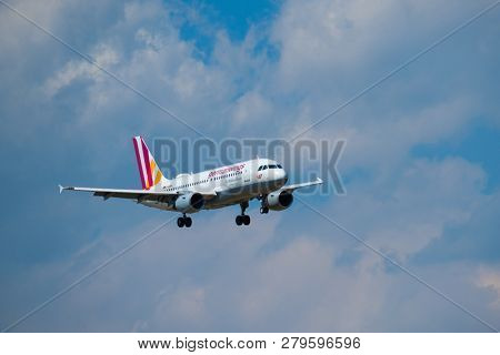Zurich, Switzerland - July 19, 2018: Germanwings airlines airplane preparing for landing at day time in international airport