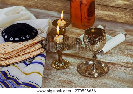 Shabbat Shalom Challah And Wine Traditional Jewish Sabbath Ritual