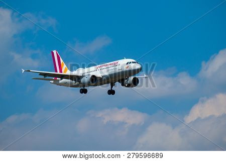 Zurich, Switzerland - July 19, 2018: Germanwings airlines airplane preparing for landing at day time in international airport