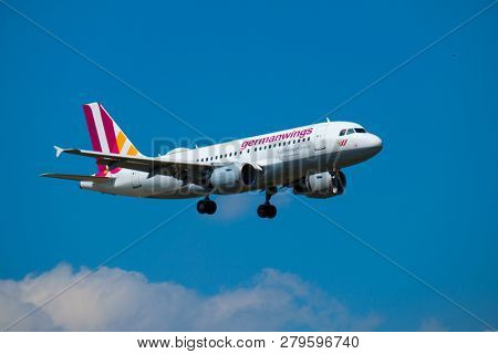 Zurich, Switzerland - July 19, 2018: Germanwings airlines airplane preparing for landing at day time in international airport