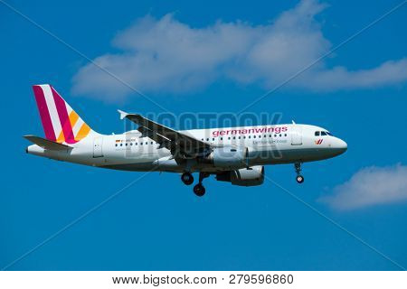 Zurich, Switzerland - July 19, 2018: Germanwings airlines airplane preparing for landing at day time in international airport