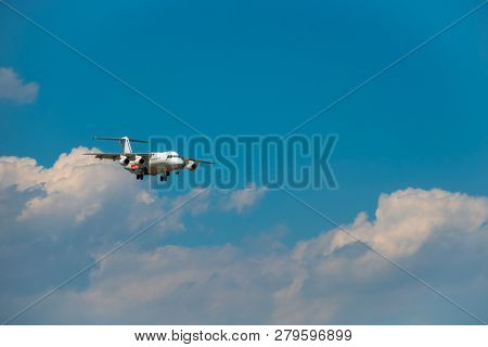 Zurich, Switzerland - July 19, 2018: EasyJet Airline Company airplane preparing for landing. EasyJet Airline Company Limited is a British low-cost carrier airline headquartered at London Luton Airport