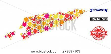 Mosaic Map Of East Timor Composed With Colored Flat Stars, And Grunge Textured Stamps, Isolated On A