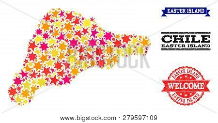 Mosaic Map Of Easter Island Composed With Colored Flat Stars, And Grunge Textured Stamps, Isolated O
