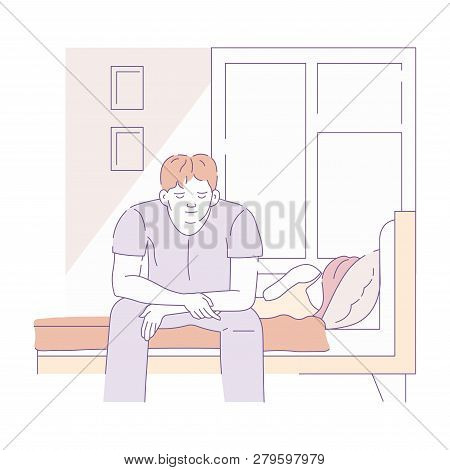 Man Sit On Edge Of Bed Morning Waking Up Bedroom
