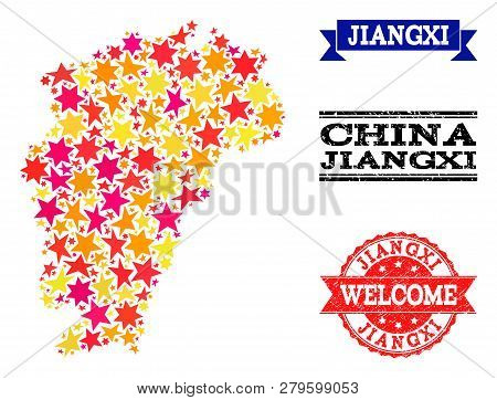 Mosaic Map Of Jiangxi Province Formed With Colored Flat Stars, And Grunge Textured Stamps, Isolated 