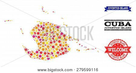 Mosaic Map Of Juventud Island Composed With Colored Flat Stars, And Grunge Textured Stamps, Isolated
