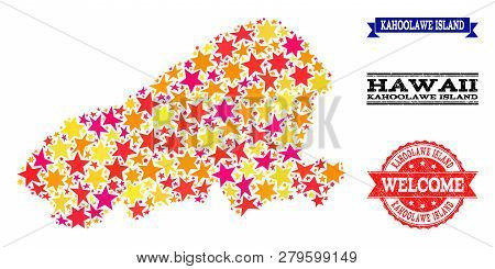 Mosaic Map Of Kahoolawe Island Designed With Colored Flat Stars, And Grunge Textured Stamps, Isolate