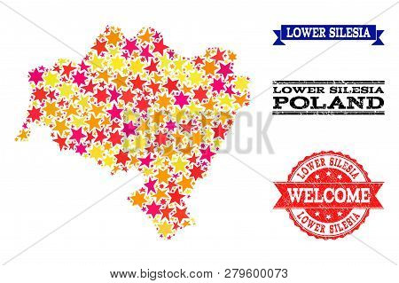Mosaic Map Of Lower Silesia Province Formed With Colored Flat Stars, And Grunge Textured Stamps, Iso