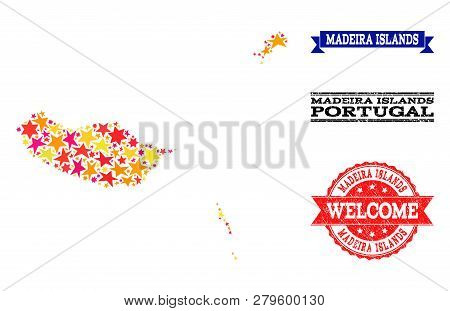 Mosaic Map Of Madeira Islands Designed With Colored Flat Stars, And Grunge Textured Stamps, Isolated
