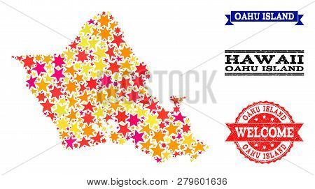 Mosaic Map Of Oahu Island Created With Colored Flat Stars, And Grunge Textured Stamps, Isolated On A