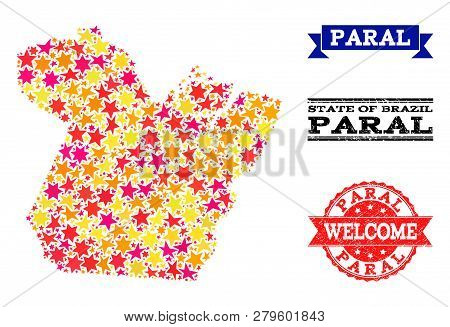 Mosaic Map Of Paral State Composed With Colored Flat Stars, And Grunge Textured Stamps, Isolated On 