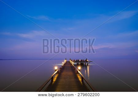 Beautiful Jetty Walkway On The Sea In Twilight Time, Koh Chang, Trad Province, Thailand.