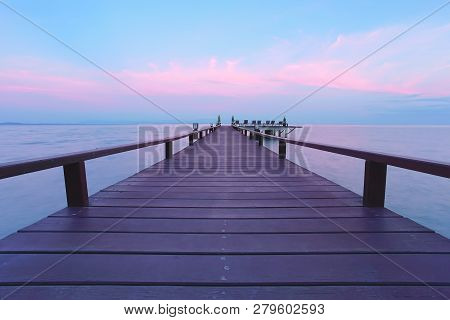 Beautiful Jetty Walkway On The Sea In Twilight Time, Koh Chang, Trad Province, Thailand.