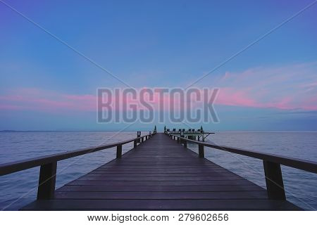Beautiful Jetty Walkway On The Sea In Twilight Time, Koh Chang, Trad Province, Thailand.