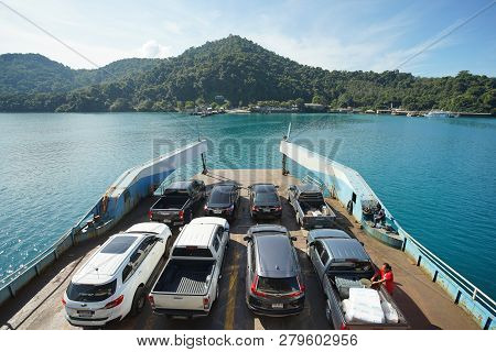 Trad, Thailand - December 02, 2018: A Lot Of Cars On Ferry Boat To The Popular Travel Destination Ko
