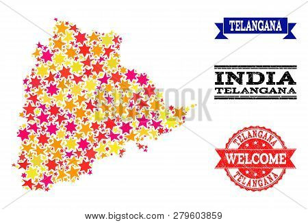 Mosaic Map Of Telangana State Composed With Colored Flat Stars, And Grunge Textured Stamps, Isolated