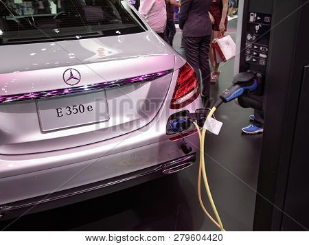 Nonthaburi, Thailand - December 4, 2018: Mercedes Benz E350e Ev Charging At Station Presented In Mot