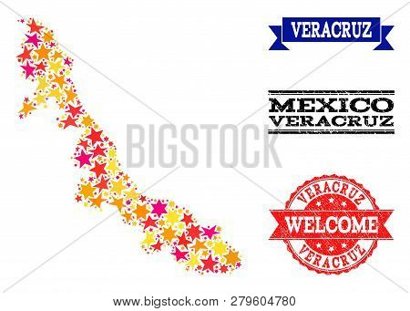 Mosaic Map Of Veracruz State Designed With Colored Flat Stars, And Grunge Textured Stamps, Isolated 