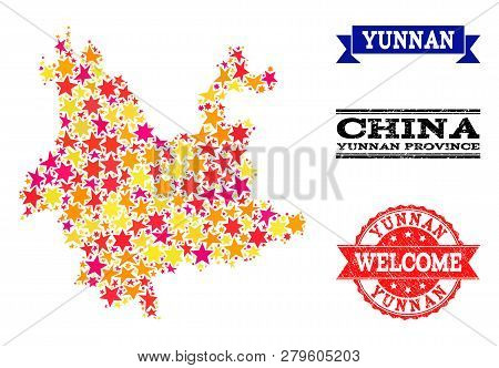 Mosaic Map Of Yunnan Province Created With Colored Flat Stars, And Grunge Textured Stamps, Isolated 