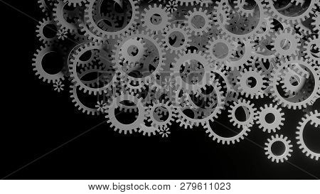 Abstract Background Consisting Of White Gears On Dark. 3d Illustration. Infustrial Design Background