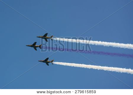 Doha, Qatar - Dec 14, 2018: Three Aircrafts Hawk Ajt Flying Side By Side In Aviashow