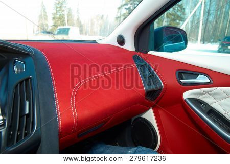 Car Deflector. Car Interior Details. Red And Black Alcantara With Stitching