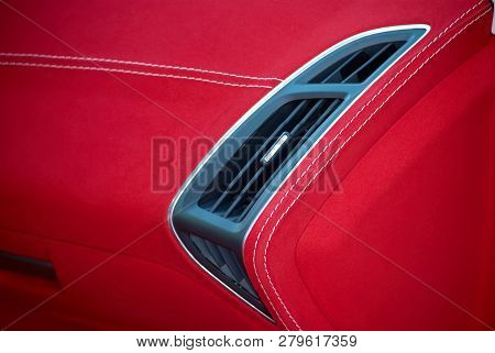 Car Deflector. Car Interior Details. Red And Black Alcantara With Stitching