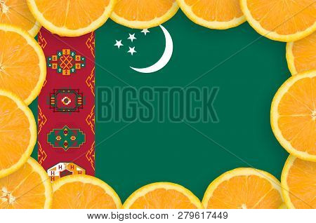 Turkmenistan Flag  In Fresh Citrus Fruit Slices Frame