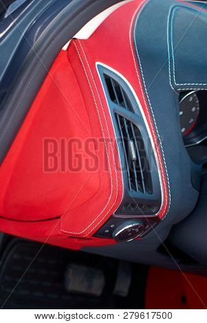 Car Deflector. Car Interior Details. Red And Black Alcantara With Stitching