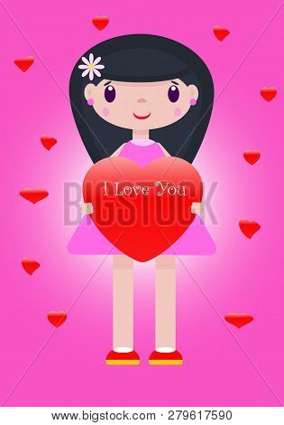Vector Drawing A In Love Girl With A Heart On A Colored Background