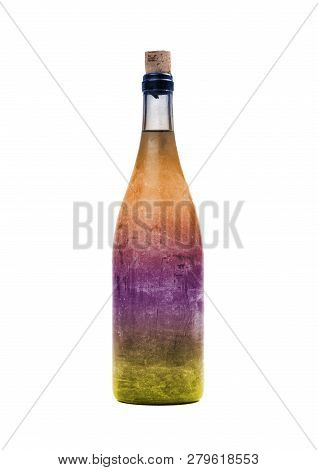 Old Bottle Of Colorful Liquid, Covered In Dust