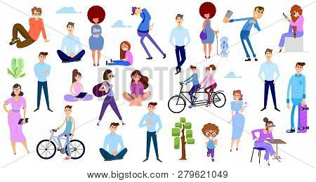 Crowd Of Tiny People On Summer Holiday, Outdoor Activities.