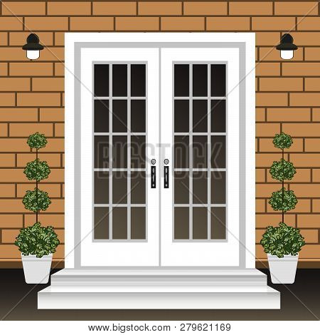 House Door Front With Doorstep And Steps, Lamp, Flowers In Pots, Building Entry Facade, Exterior Ent