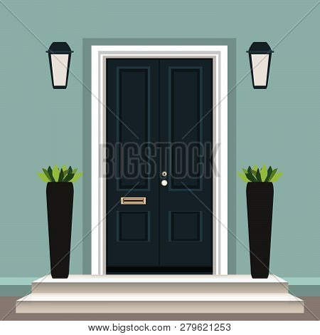 House Door Front With Doorstep And Steps Porch, Lamp, Flowers In Pot, Building Entry Facade, Exterio