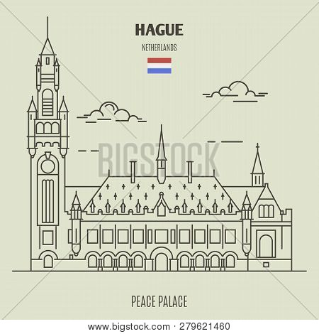 Peace Palace In Hague, Netherlands. Landmark Icon In Linear Style
