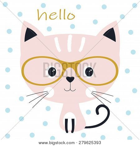 Sweet Cat On Background Of Blue Circles, Cute Cartoon Kitty In Glasses, Card For Design Prints, Lett