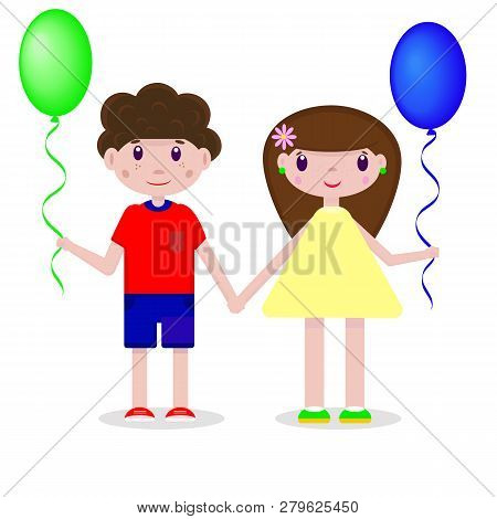 Vector Drawing Of A Boy And Girl With Balloons On A White Background