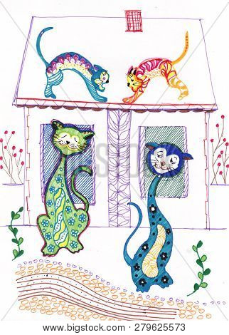 Two Cats On Roof Struggle For Love