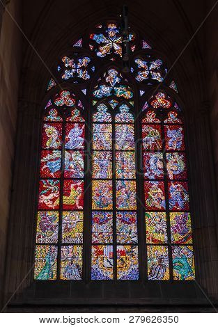Prague, Czech Republic - June 14, 2017: Stained Glass Window In The Cathedral Of Prague.