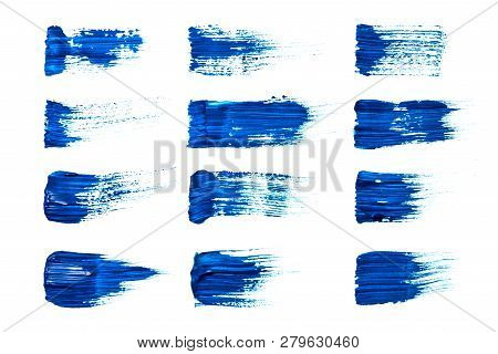Abstraction For The Background, Drawing Nine Lines Of Blue Paint On A White Isolated Background