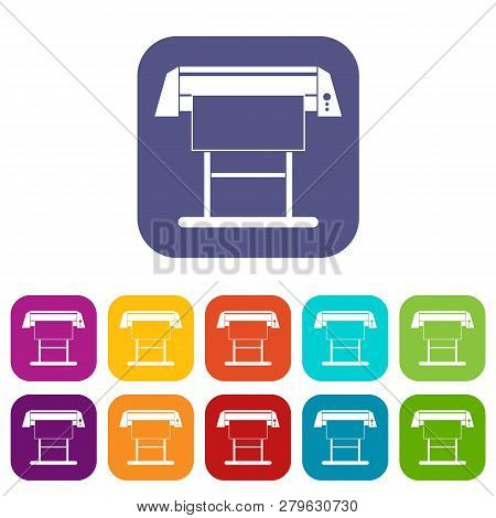 Large Format Inkjet Printer Icons Set Illustration In Flat Style In Colors Red, Blue, Green And Othe