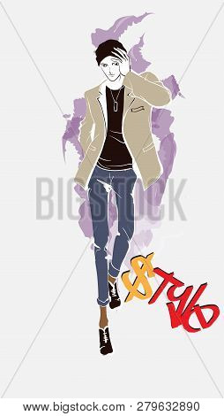 Stylish Handsome Man In Fashion Clothes. Fashion Man. Hand Drawn Male Model. Sketch. Handsome Stylis