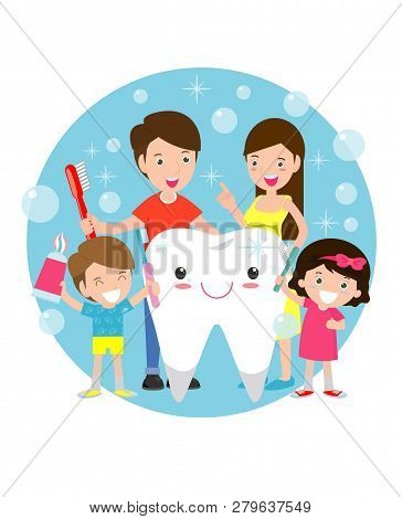 Illustration Of Kids With Parents A Tooth,family Take Care Of And Clean A Large, Smiling Tooth. Cart
