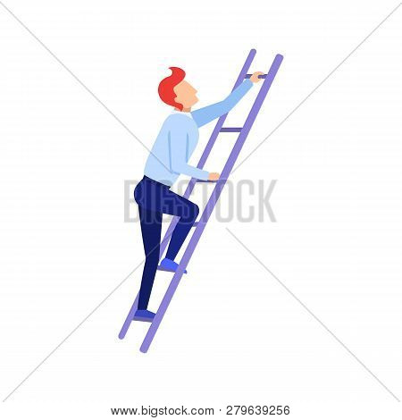 Rising Up. Businessman Rising Up The Stairs. Man Is Climbing Career Ladder. Concept Of Business Deve