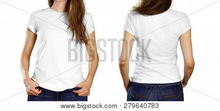 A Girl In An Empty White T-shirt. Front And Back View. Close Up. Isolated On White Background.