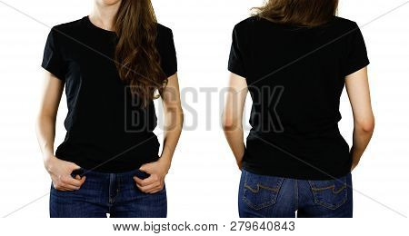 A Girl In An Empty Black T-shirt. Front And Back View. Close Up. Isolated On White Background.