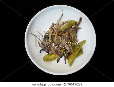 Korean Food Style, Top View Of Anchovy Stir Fried With Green Pepper, Sprinkled With Sesame Seeds On 